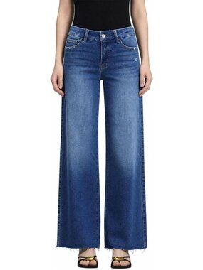Wide Leg High Stretch Denim Jeans for Women | Mid Rise Raw Hem Pants